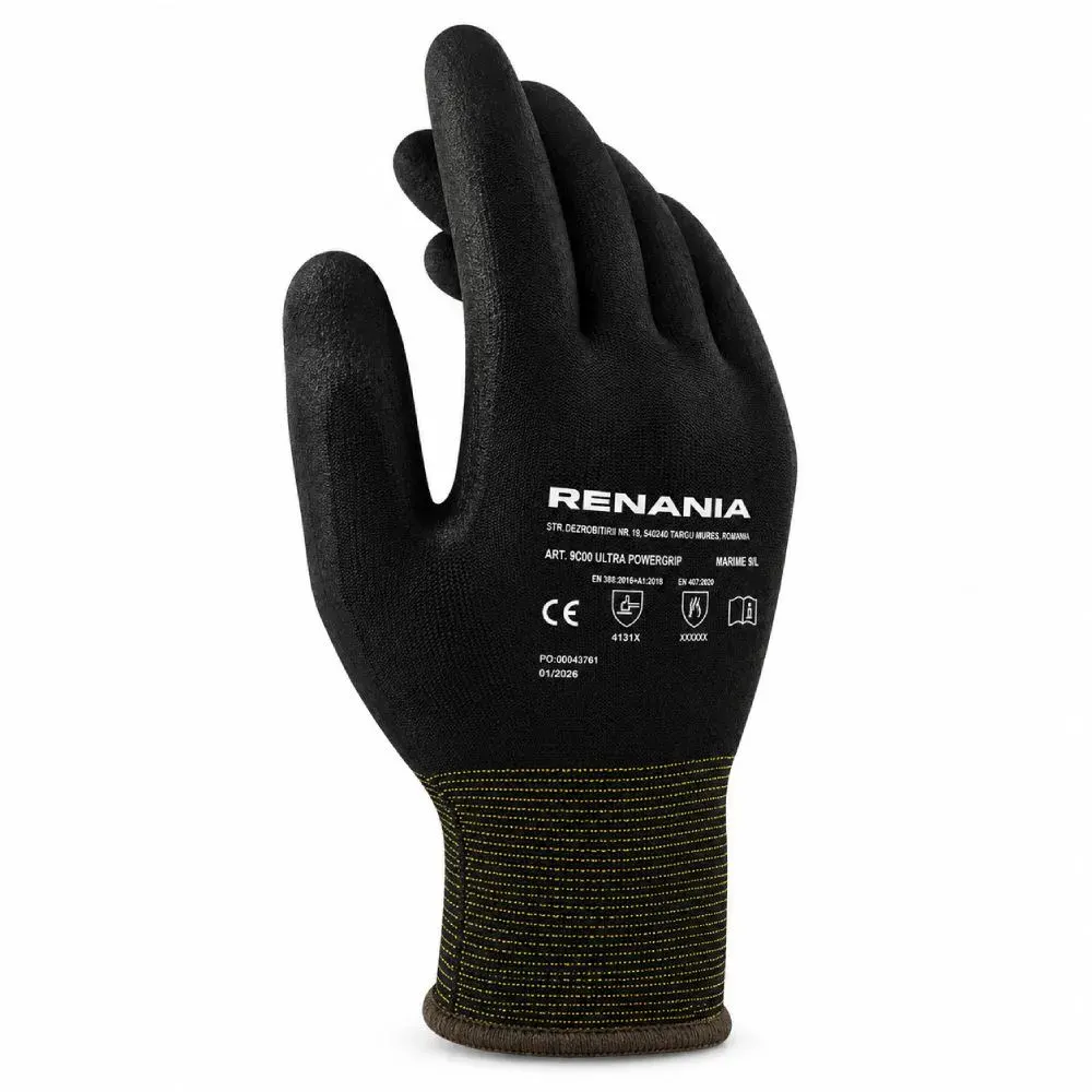 Mănuși de protecție mecanică impregnate în nitril, rezistente la impact, Renania Ultra PowerGrip, culoarea negru
