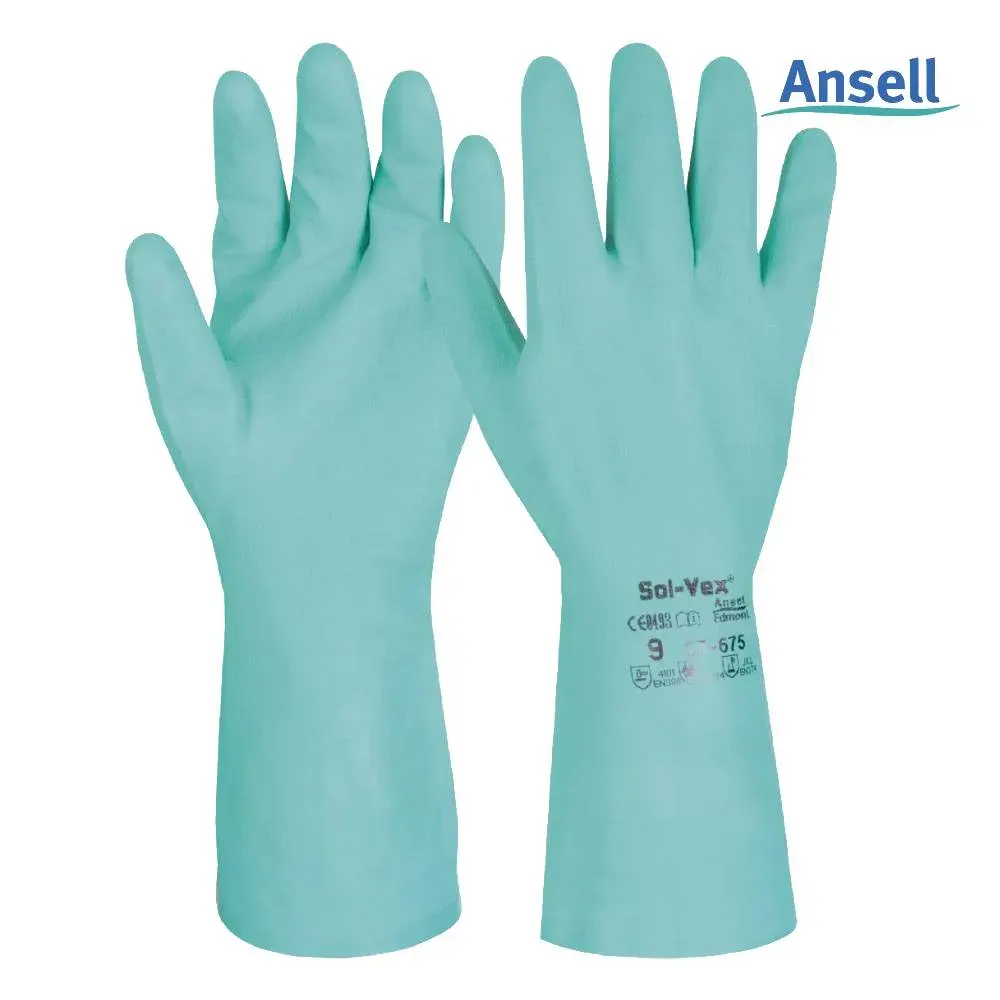 Mănuși de protecție antichimică impregnate în nitril, rezistente la apă și impact, Ansell Sol-Vex, culoarea turcoaz