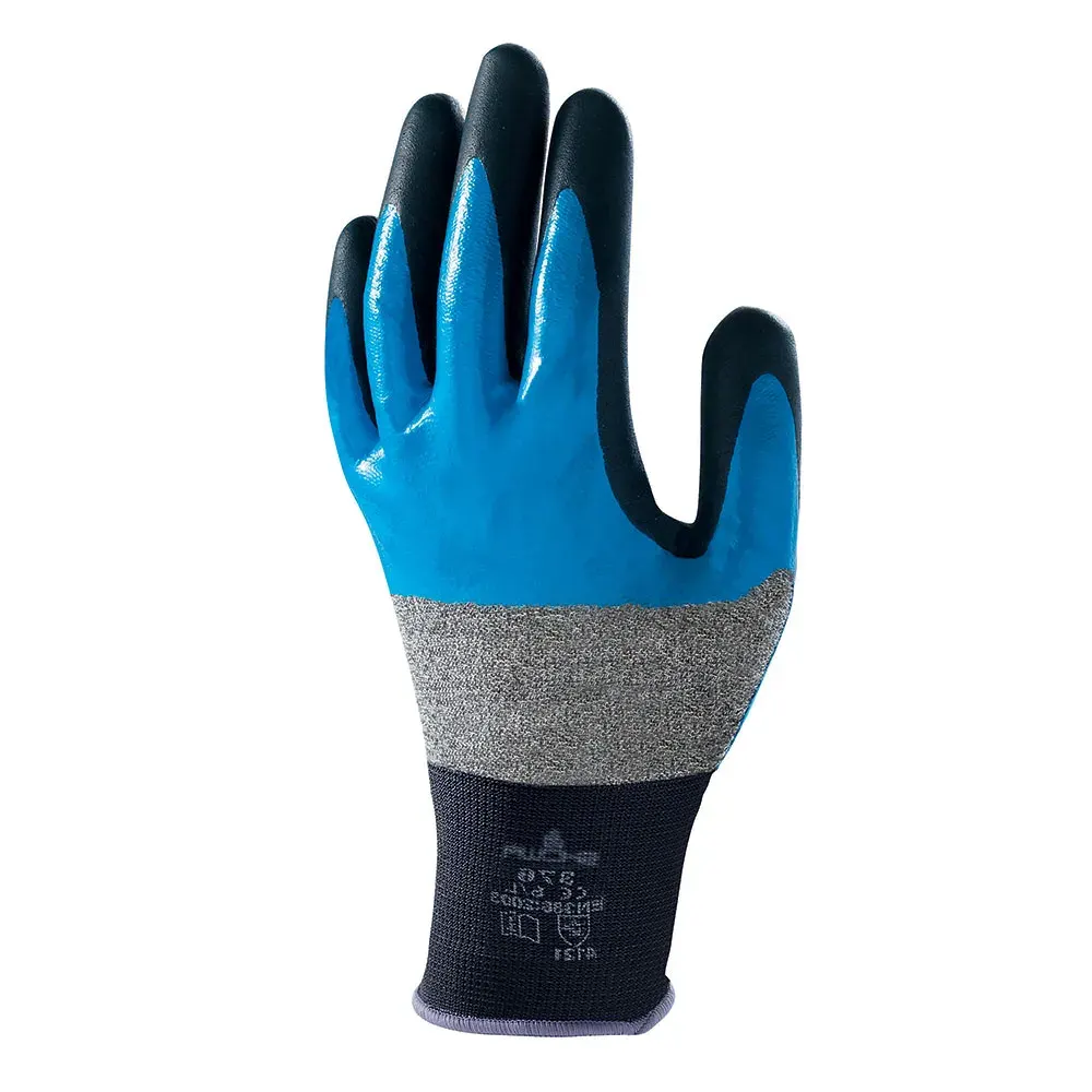 Mănuși de protecție mecanică impregnate în nitril, rezistente la impact, abraziune, alunecare, tăiere și uleiuri, Showa Nitrile Foam Grip, culoarea albastru