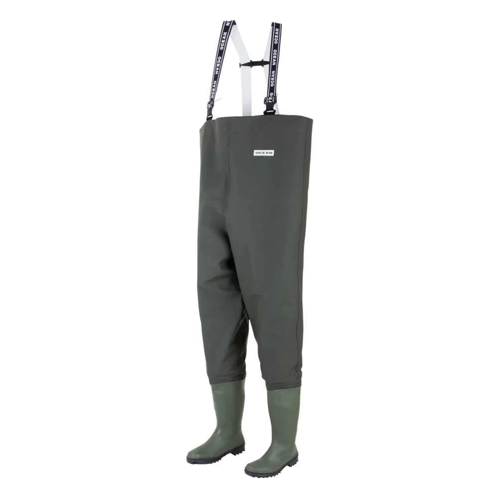 Cizme pantalon pescuit de protectie Ocean Danubio S5, cu bombeu metalic, culoarea verde