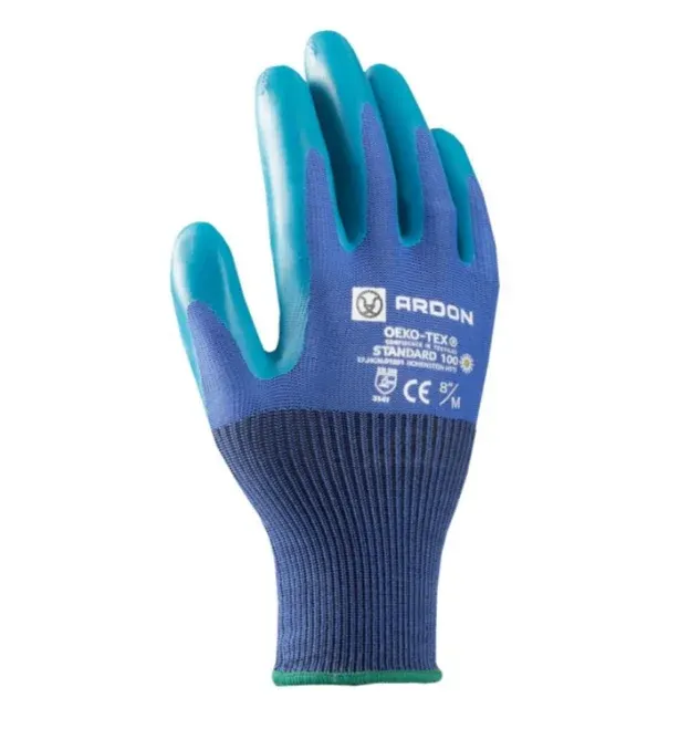 Mănuși de protecție mecanică din latex, rezistente la impact și abraziune, Ardon GREEN TOUCH certificate, culoarea albastru