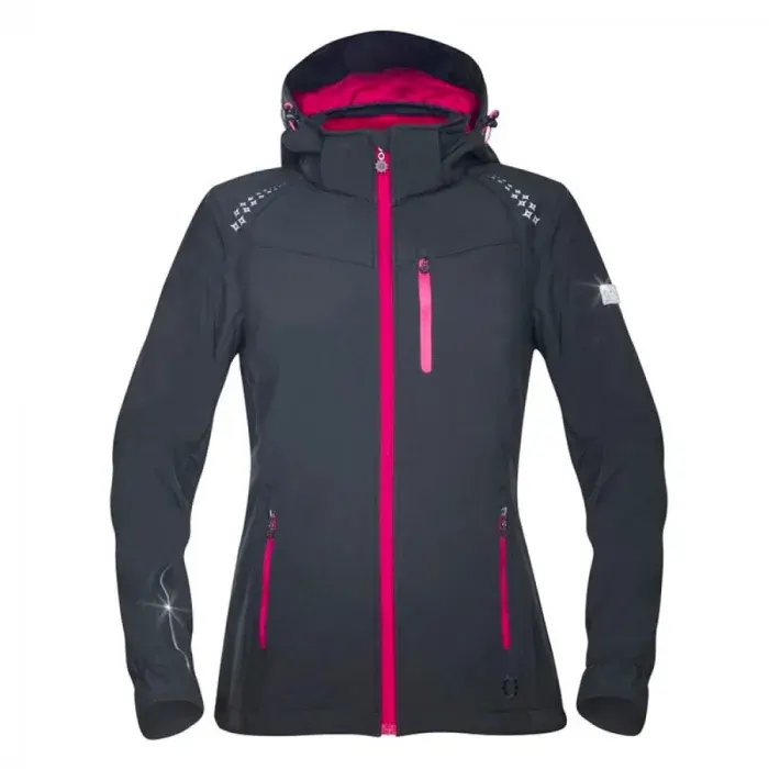 Jachetă softshell neagră pentru femei cu glugă, din poliester, 290g/mp, cu elemente reflectorizante, Ardon FLORET, culoarea negru