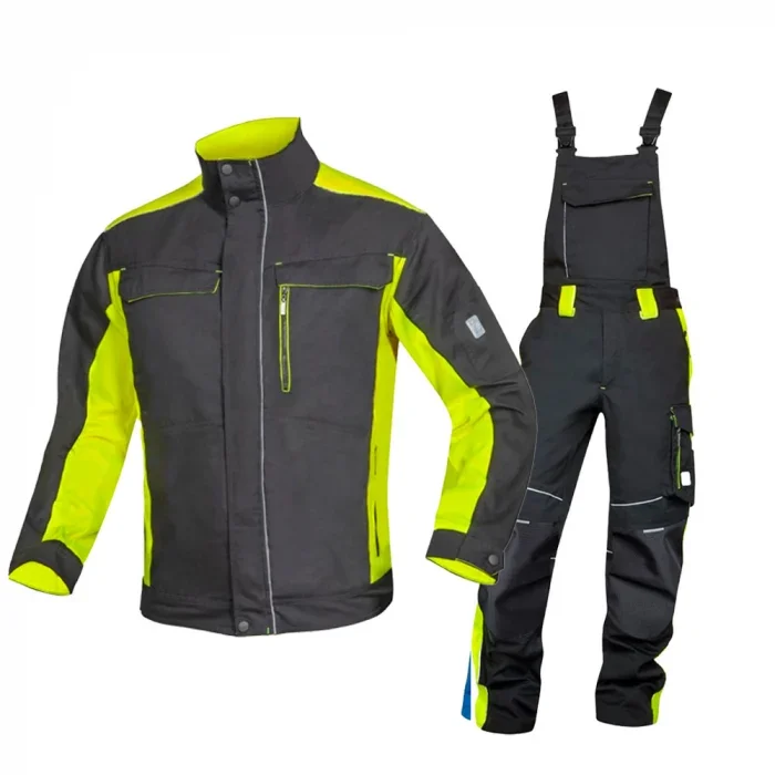 Set costum de lucru negru-galben cu pantaloni cu pieptar, Ardon NEON