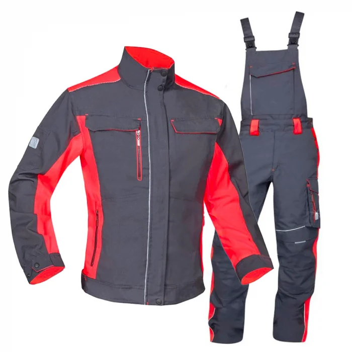 Set costum de lucru gri-roșu cu pantaloni cu pieptar, Ardon NEON