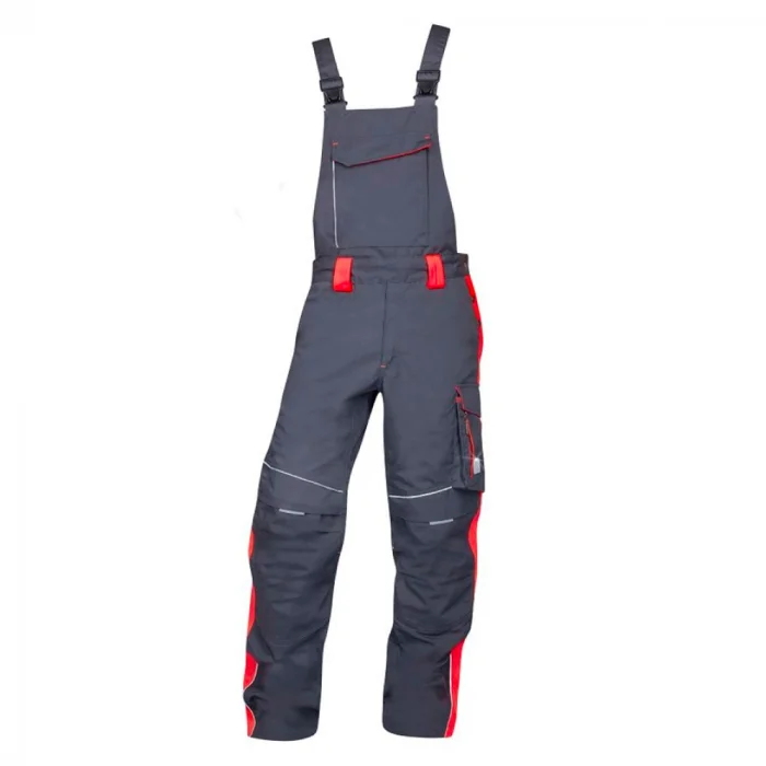 Set costum de lucru gri-roșu cu pantaloni cu pieptar, Ardon NEON