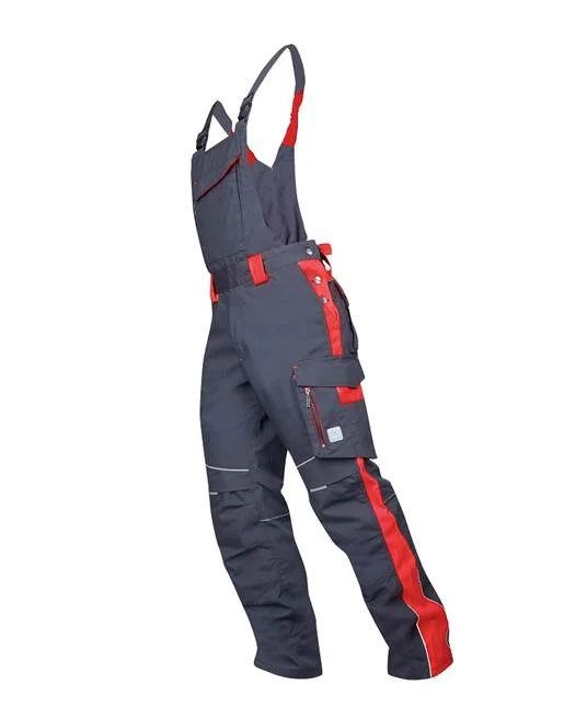 Set costum de lucru gri-roșu cu pantaloni cu pieptar, Ardon NEON