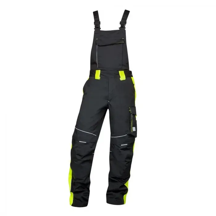 Pantaloni de lucru negri de iarna cu pieptar, din bumbac și poliester, 260g/mp, cu elemente reflectorizante, Ardon NEON, culoarea negru
