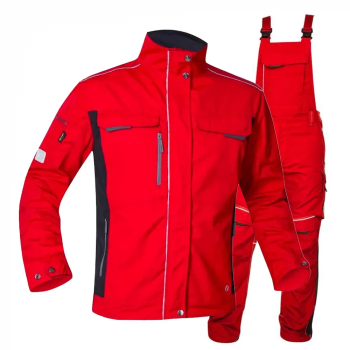 Set costum de lucru roșu hidrofobizat cu pantaloni cu pieptar, Ardon URBAN+
