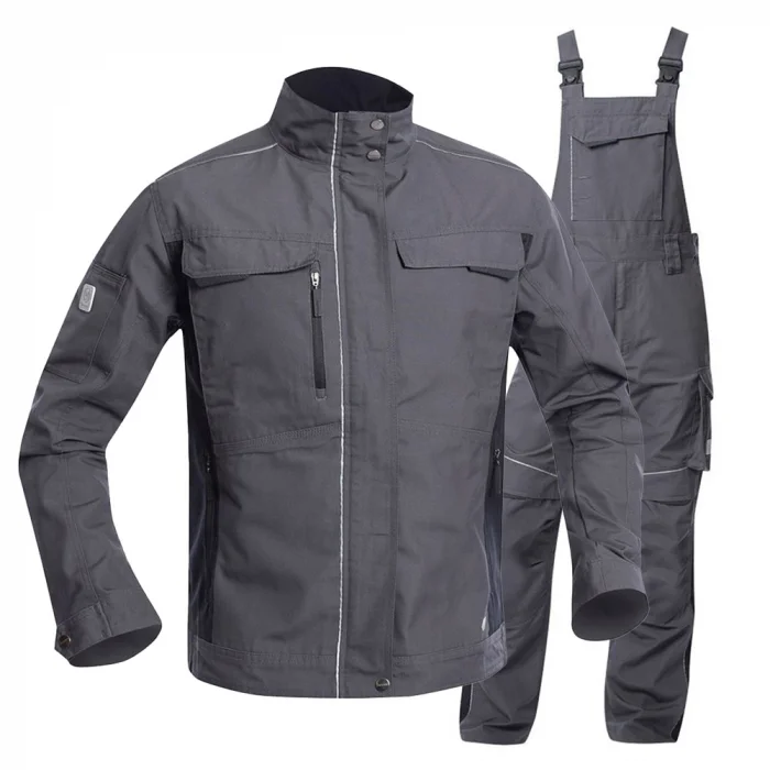 Set costum de lucru gri-închis hidrofobizat cu pantaloni cu pieptar, Ardon URBAN+