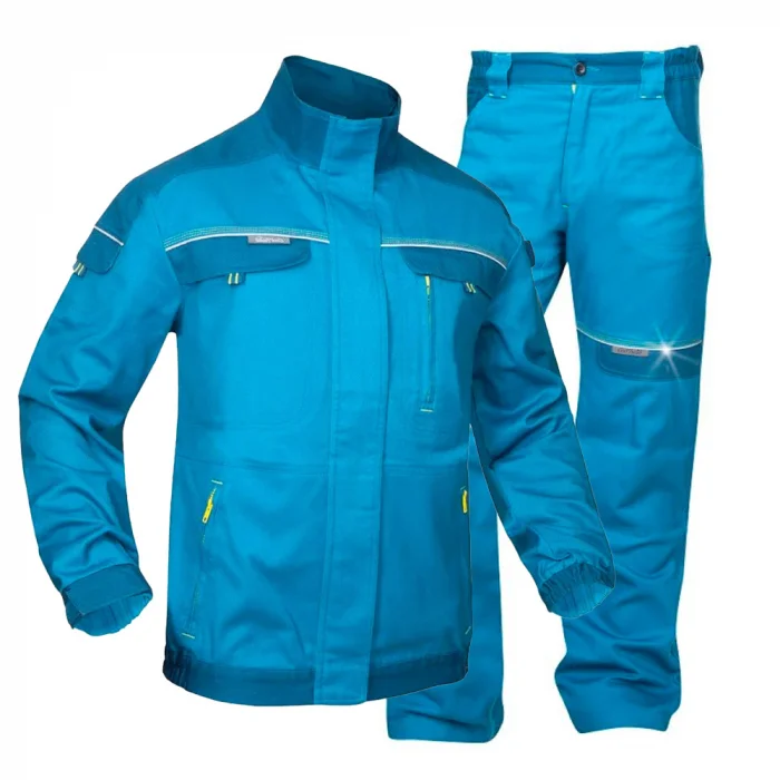 Set costum albastru-deschis cu pantaloni de lucru in talie, culoarea albastru deschis, COOL TREND