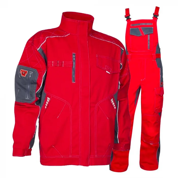Set costum roșu cu pantaloni de lucru cu pieptar, Ardon VISION