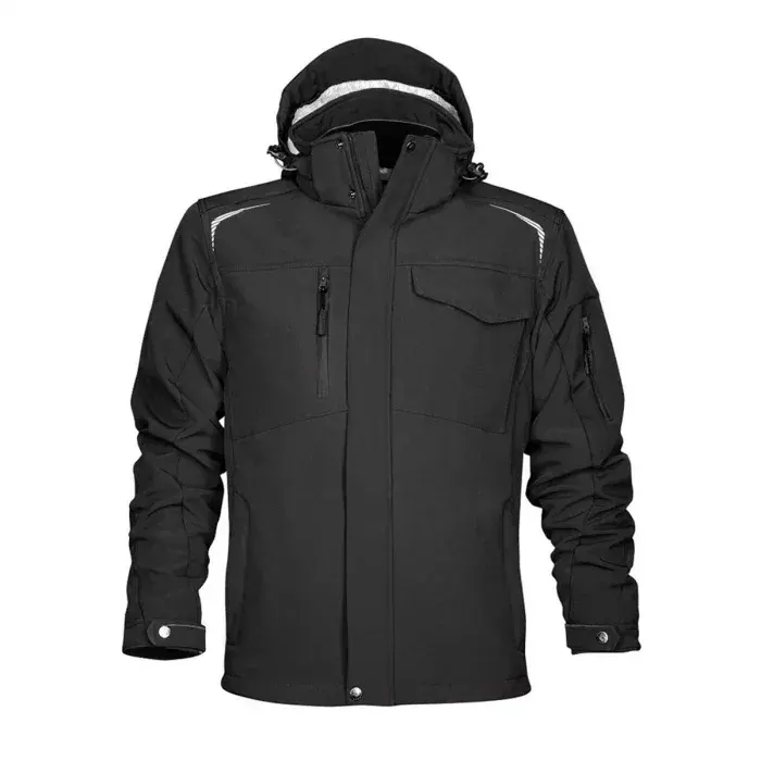 Jachetă neagră impermeabilă cu glugă, softshell, din elastan și poliester, cu elemente reflectorizante, Ardon R8ED, culoarea negru