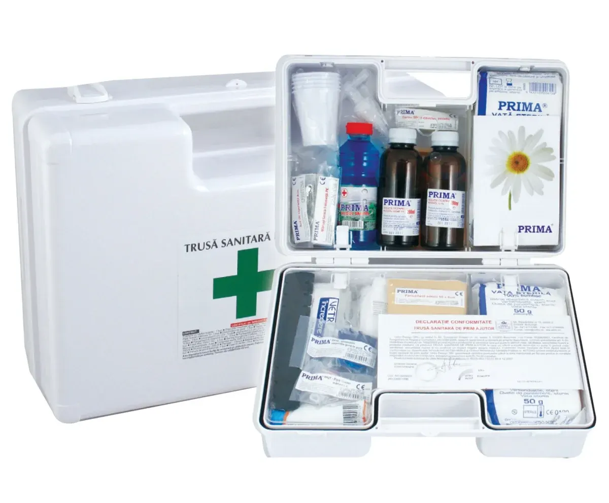 Trusă sanitară prim ajutor detașabilă cu suport de perete avizată MS, valabilia 2 ani